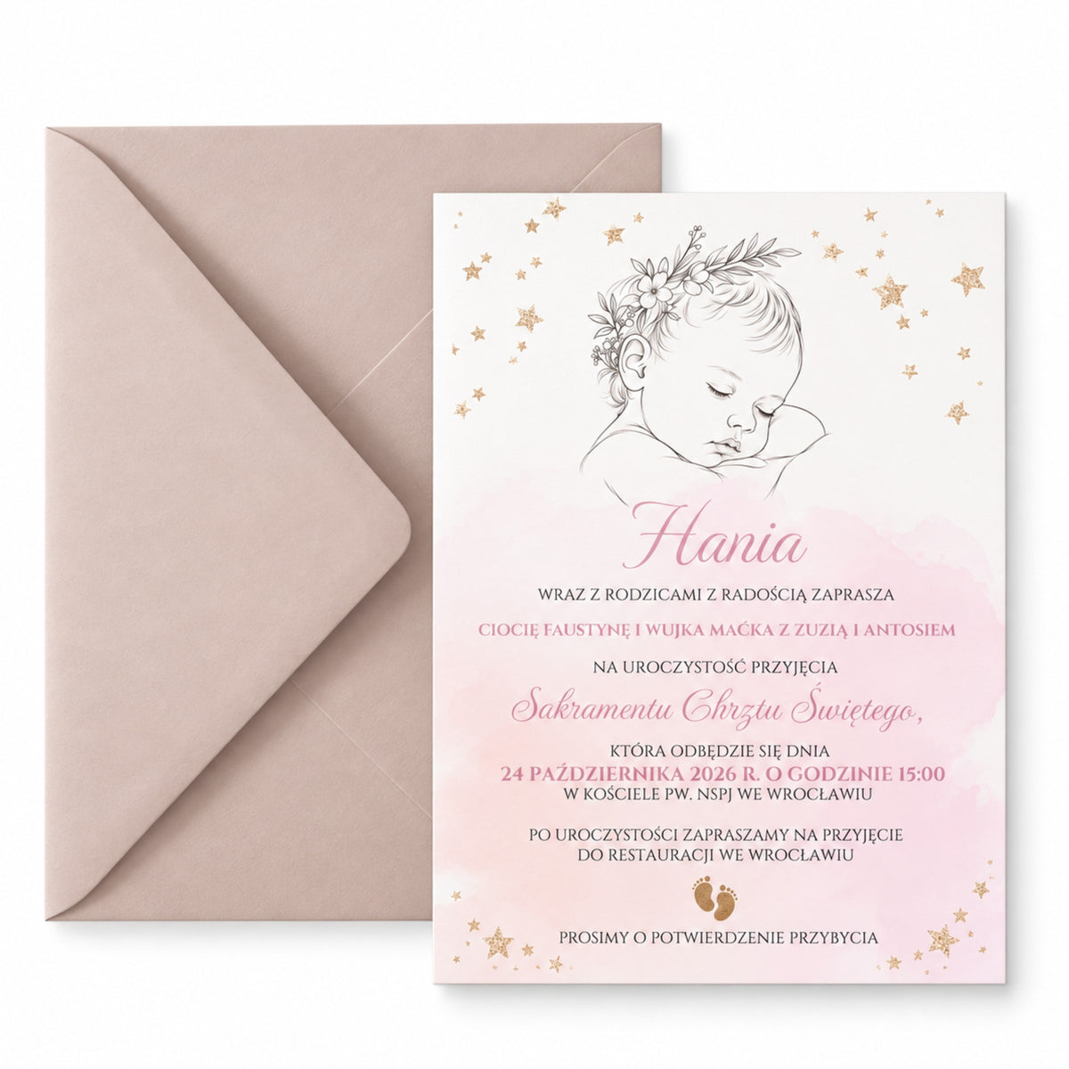 Zaproszenie na Chrzest Święty 12 × 17 cm z kopertą na białym tle