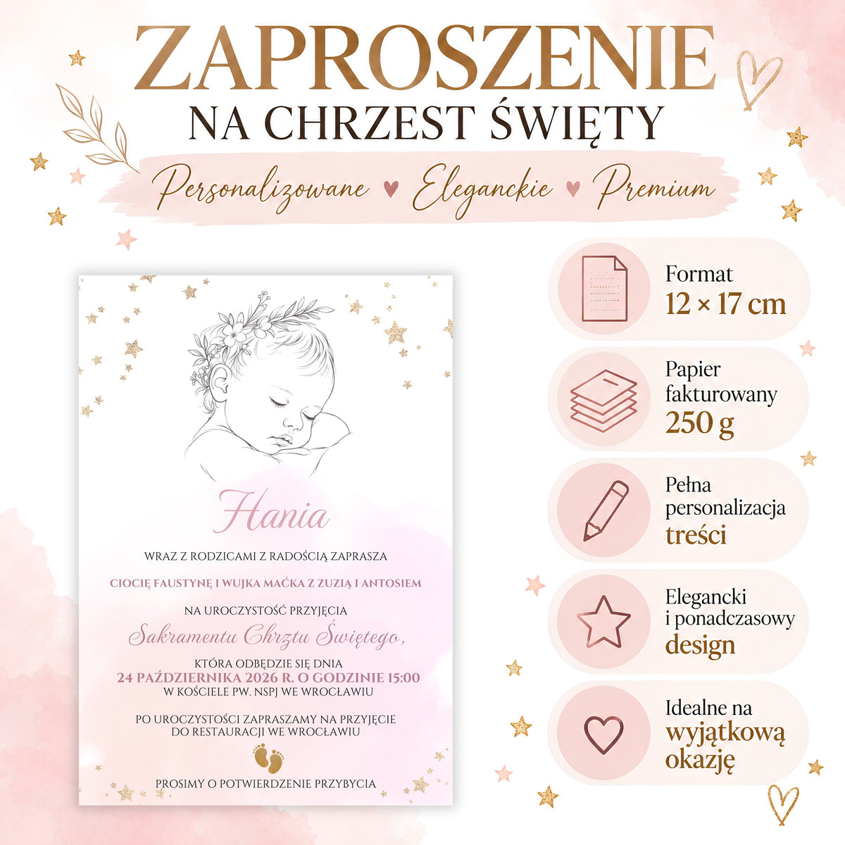 Infografika: zaproszenie na Chrzest Święty z kopertą i lakiem, format 12 × 17 cm