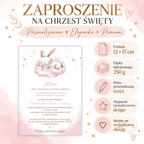 Infografika: zaproszenie na Chrzest Święty z króliczkiem, format 12 × 17 cm, papier fakturowany 250 g
