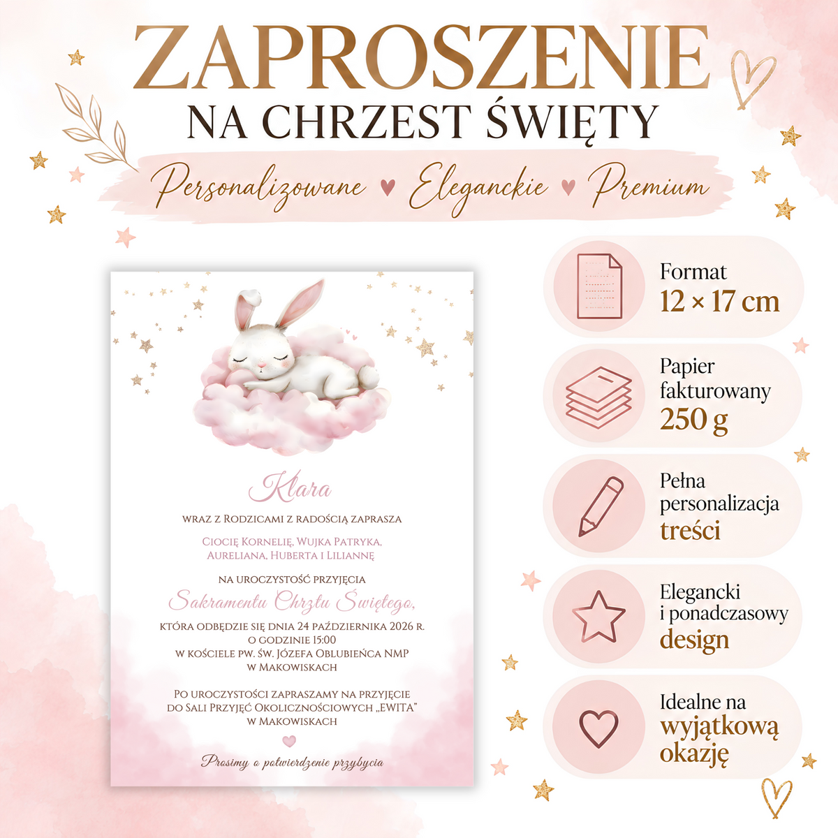 Infografika: zaproszenie na Chrzest Święty z króliczkiem, format 12 × 17 cm, papier fakturowany 250 g