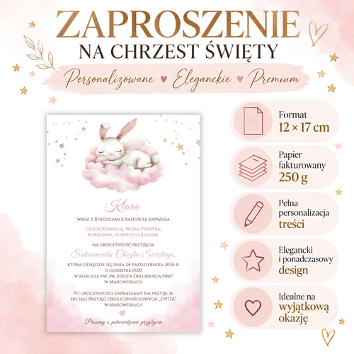 Infografika: zaproszenie na Chrzest Święty z króliczkiem, format 12 × 17 cm, papier fakturowany 250 g