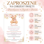 Infografika produktu: Zaproszenie na Chrzest Święty, format 12 × 17 cm, papier fakturowany 250 g, pełna personalizacja treści