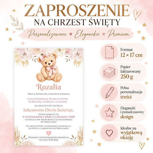 Infografika produktu: Zaproszenie na Chrzest Święty, format 12 × 17 cm, papier fakturowany 250 g, pełna personalizacja treści