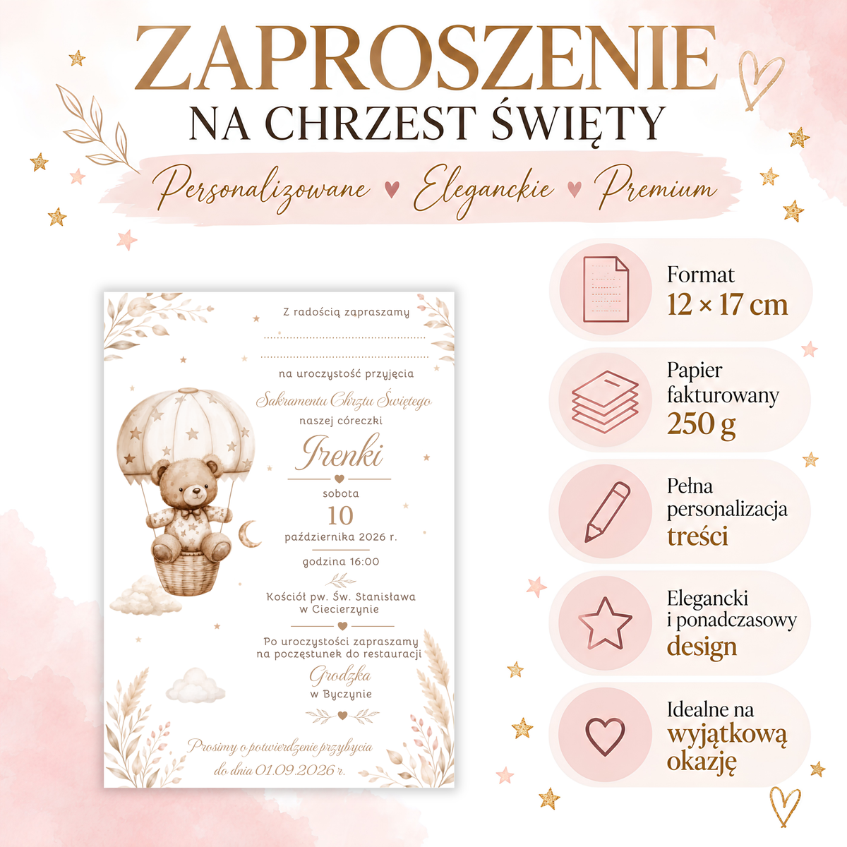 Infografika produktu: Zaproszenie na Chrzest Święty, format 12 × 17 cm, papier fakturowany 250 g, pełna personalizacja treści