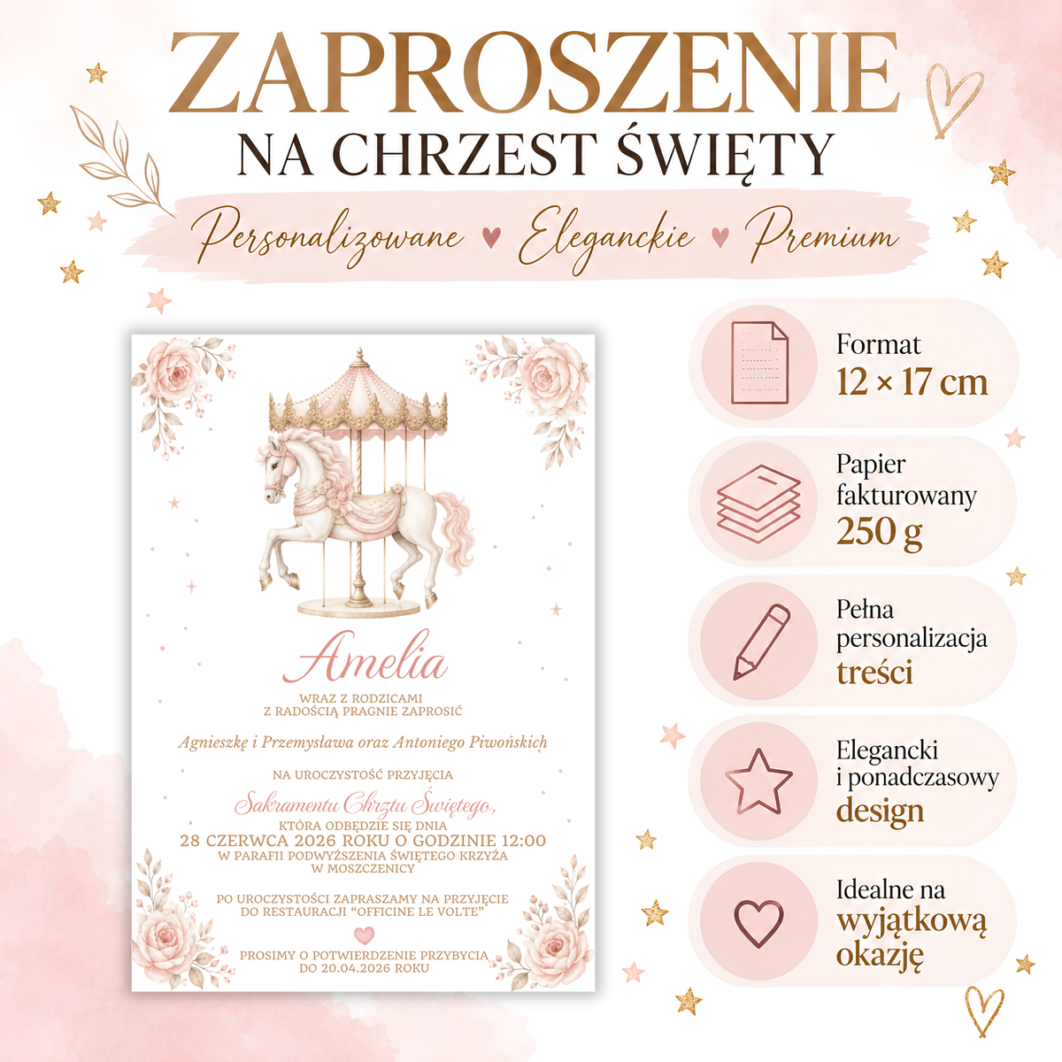 Infografika produktu: Zaproszenie na Chrzest Święty, format 12 × 17 cm, papier fakturowany 250 g, pełna personalizacja treści