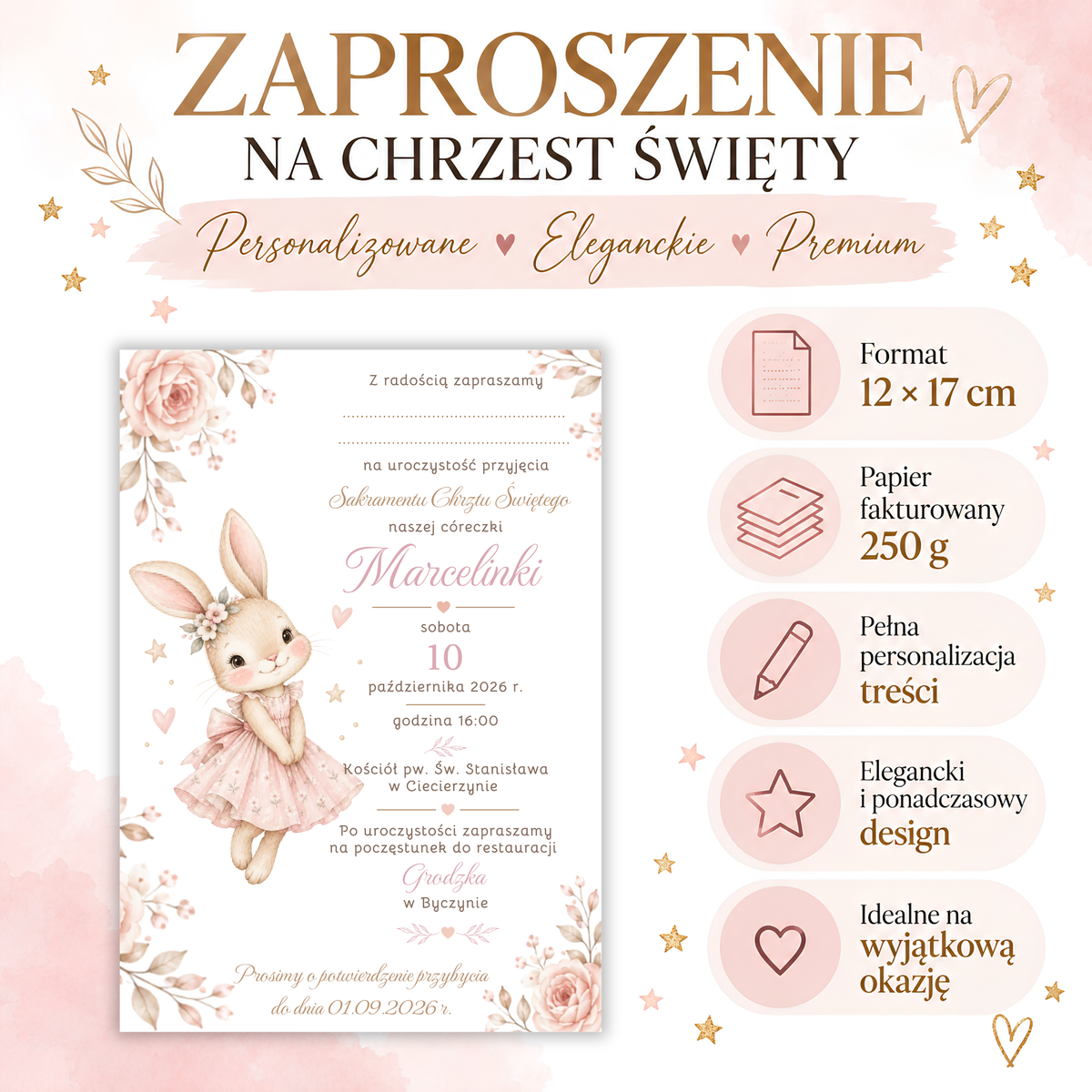 Infografika: zaproszenie na Chrzest Święty, format 12 × 17 cm, papier fakturowany 250 g, pełna personalizacja treści