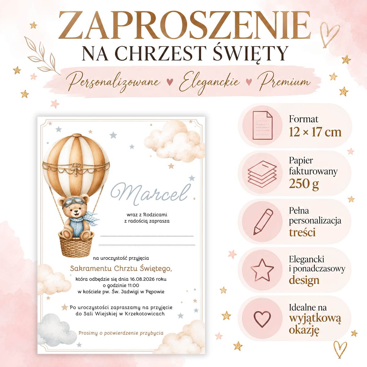 Infografika: zaproszenie na Chrzest Święty, format 12 × 17 cm, papier fakturowany 250 g, pełna personalizacja treści