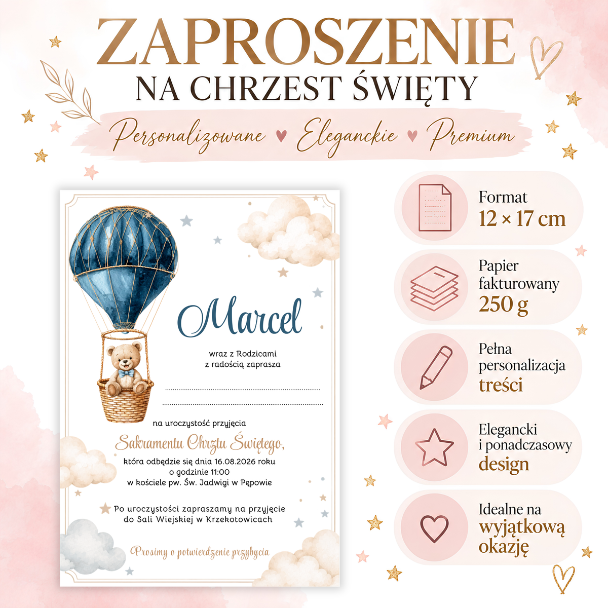 Infografika: zaproszenie na Chrzest Święty, format 12 × 17 cm, papier fakturowany 250 g, pełna personalizacja treści