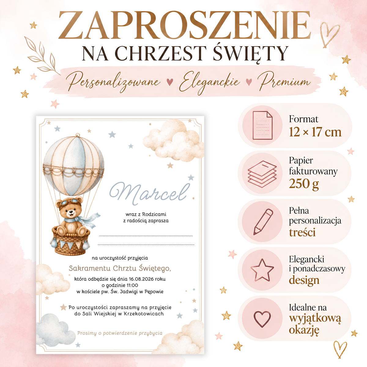Infografika: zaproszenie na Chrzest Święty, format 12 × 17 cm, papier fakturowany 250 g, pełna personalizacja treści