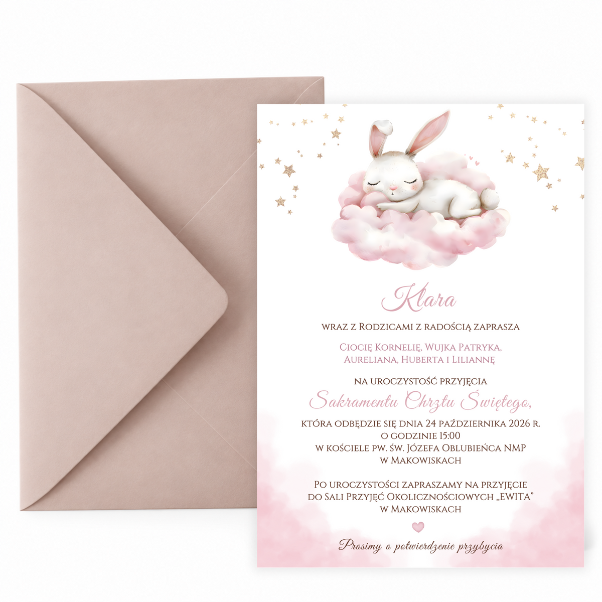 Personalizowane zaproszenie na Chrzest Święty z motywem śpiącego króliczka, zestawione z kopertą